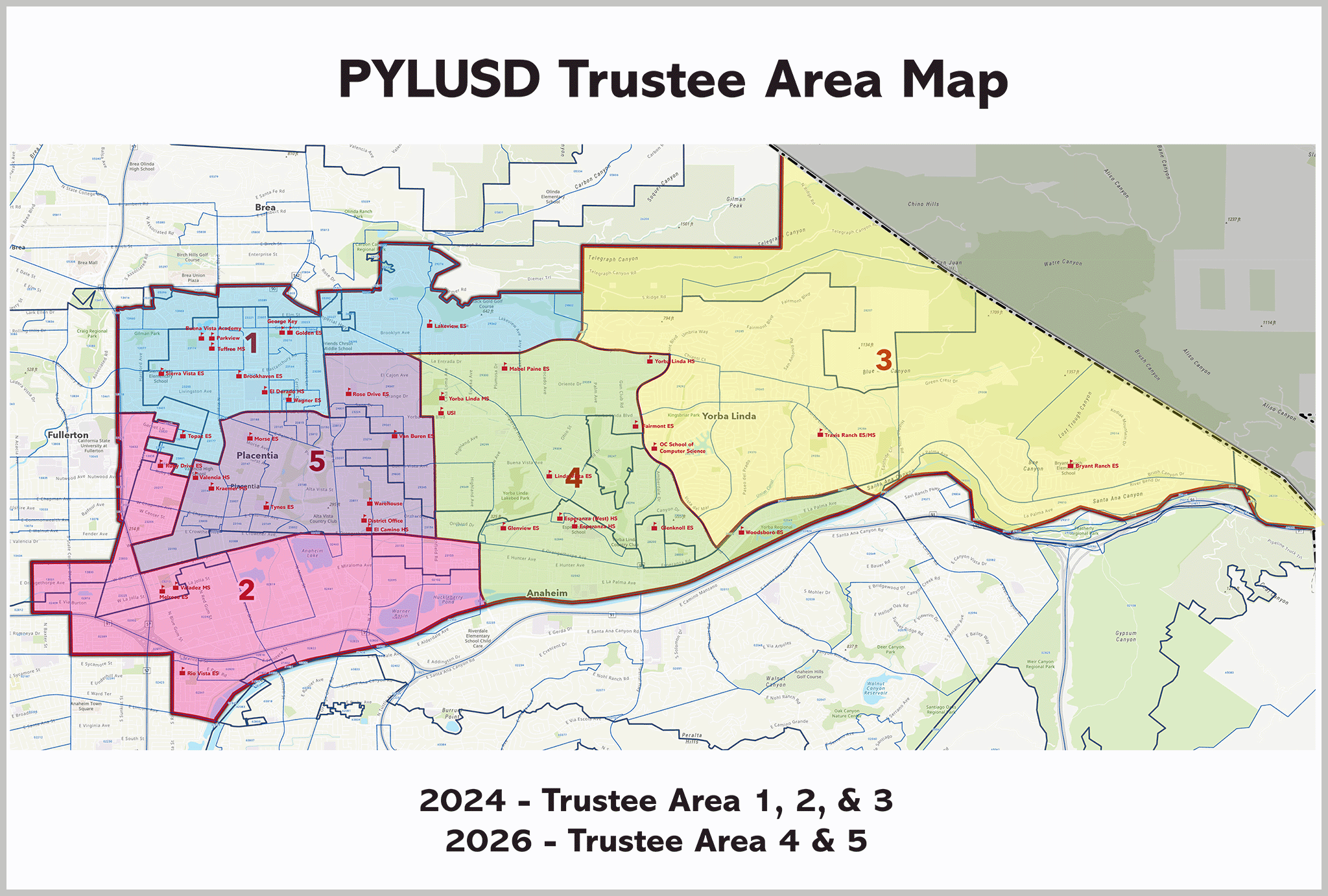 A map showing the trustee district areas for the Placentia-Yorba Linda School district
